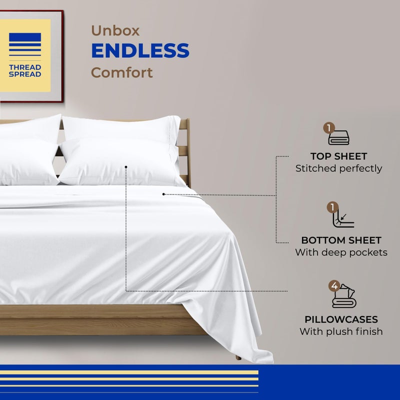 THREAD SPREAD 100% Egyptian Cotton Sheets Queen Size Bed Set - 4 PC 800 High Thread Count Egyptian Cotton Queen Sheet Set (White) Soft, Cooling, 16" Deep Pocket Sateen Weave Luxury Hotel Bedsheet - Image 3